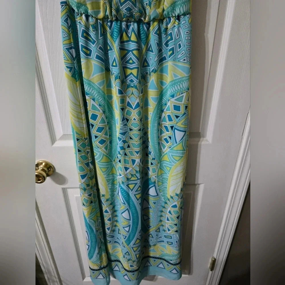 MSK Geometric Print Maxi Dress, Jeweled Halter Neckline, Stretchy Waist, EUC! - Picture 5 of 11